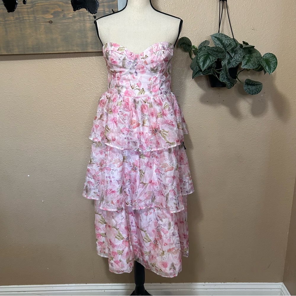Pristine Cutie Light Pink Floral Organza Bustier Midi Dress - Picture 2 of 10